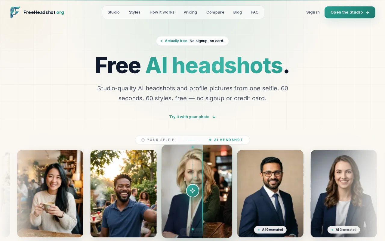 Free AI headshots from one selfie, no signup