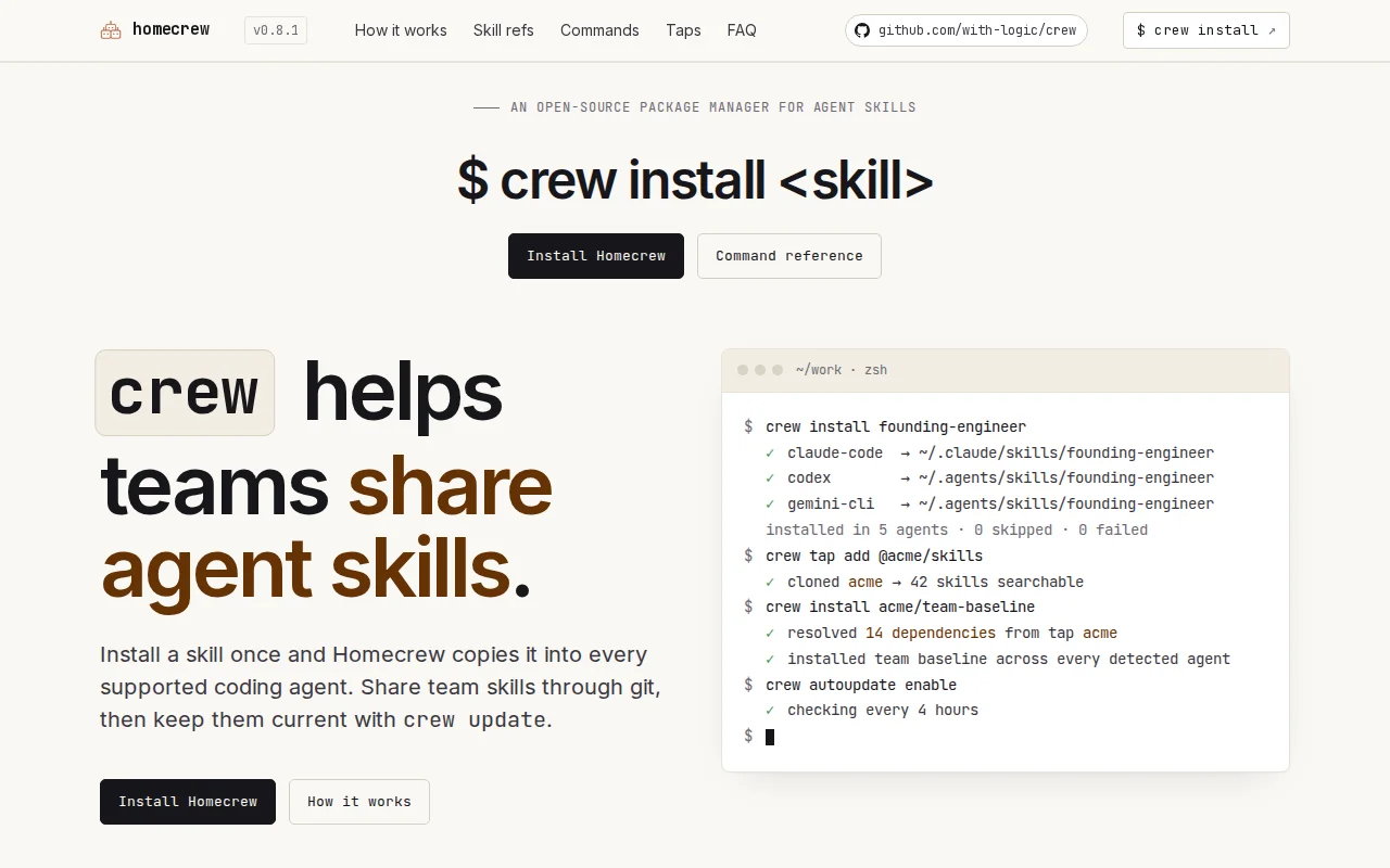 Homecrew – Share agent skills across your team and keep them in sync