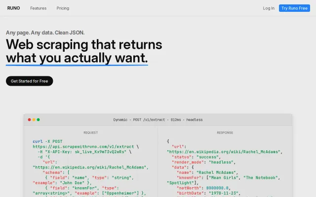Runo – Scraping API that returns typed JSON, not raw HTML