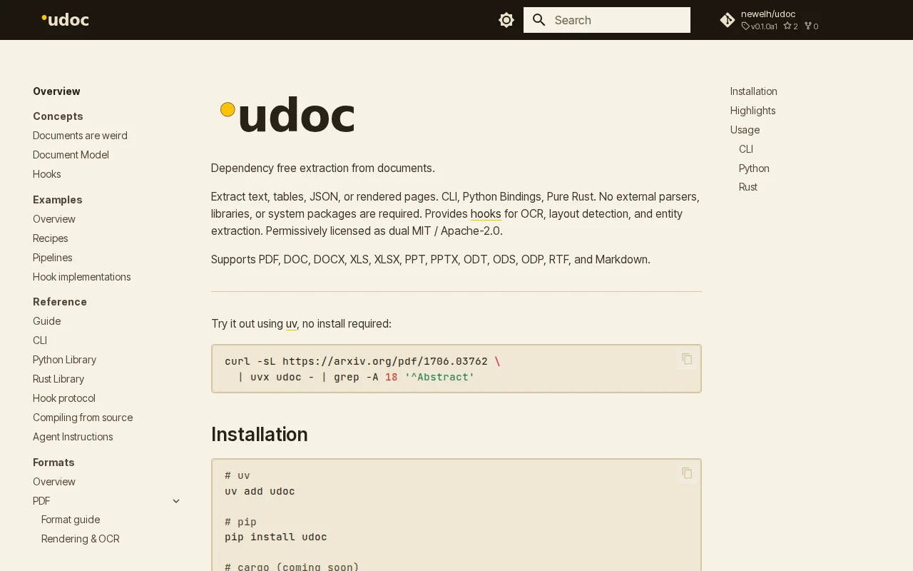 udoc. Dependency-free document extraction in Rust
