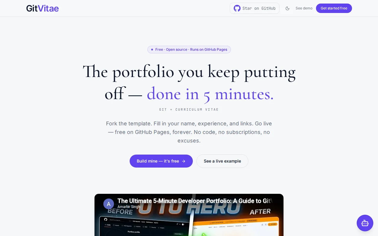 GitVitae – Free hosted portfolio and resume for anyone
