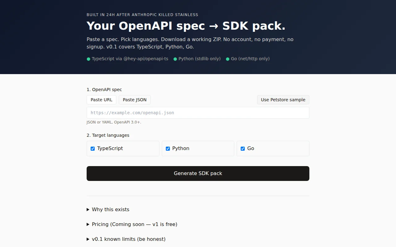 Stainless replacement – paste OpenAPI, get TS/Python/Go SDK ZIP in 1.5s