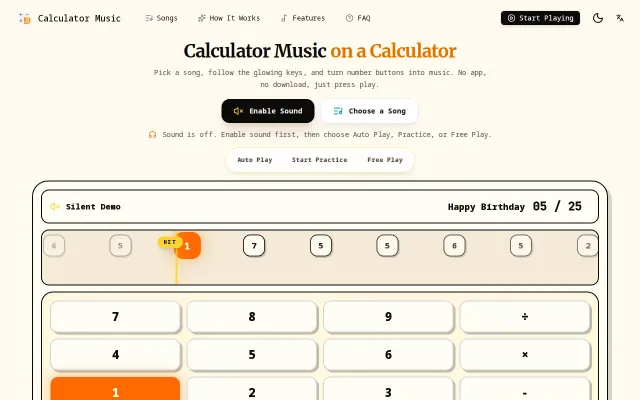 Calculator Music – play songs with number keys in the browser