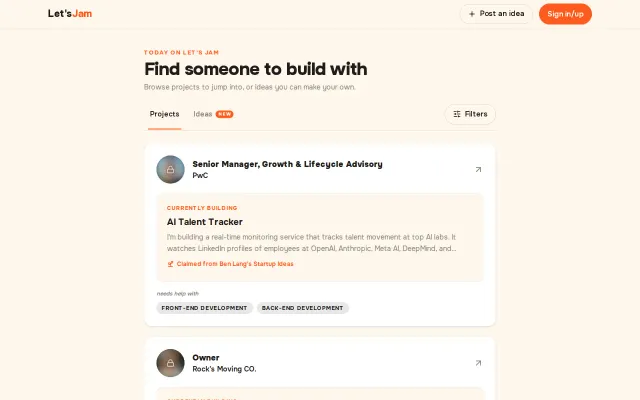 A platform to find people to jam on side projects with