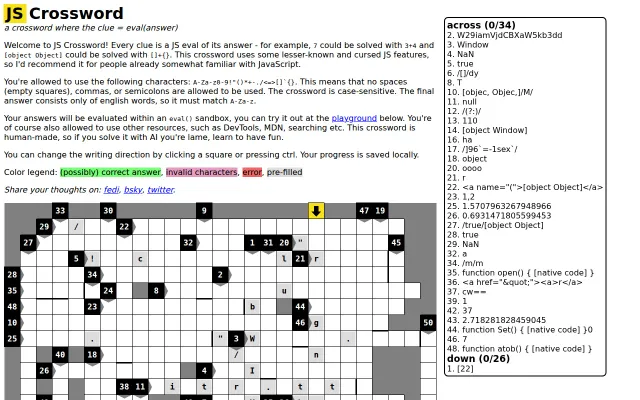 JavaScript Crossword – a crossword where the clue = eval(answer)