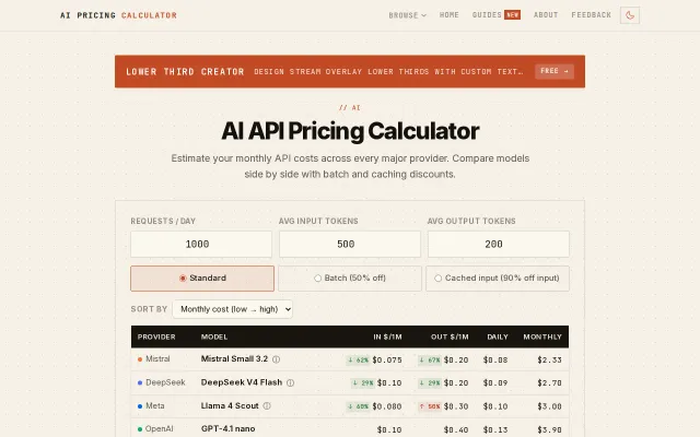 API cost calculator – compare 28 models across 7 providers, no signup