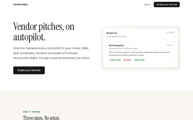 Vendorlobby – AI intake for cold emails, calls, and LinkedIn pitches