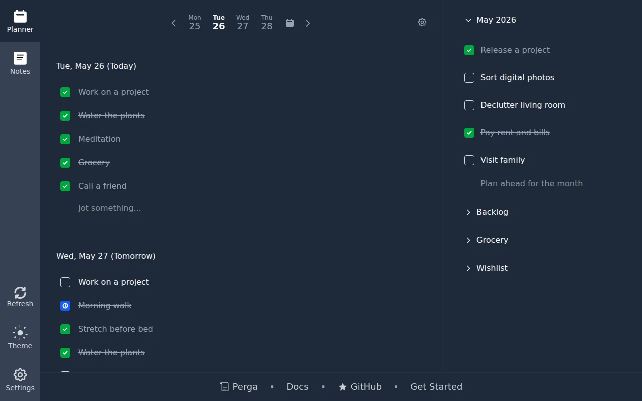 Perga, an open-source daily planner with notes