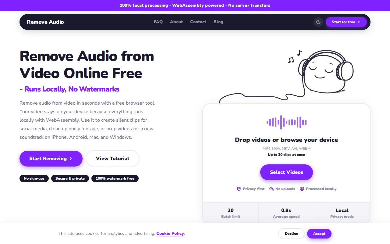 Remove Audio | mute any video in the browser, no upload