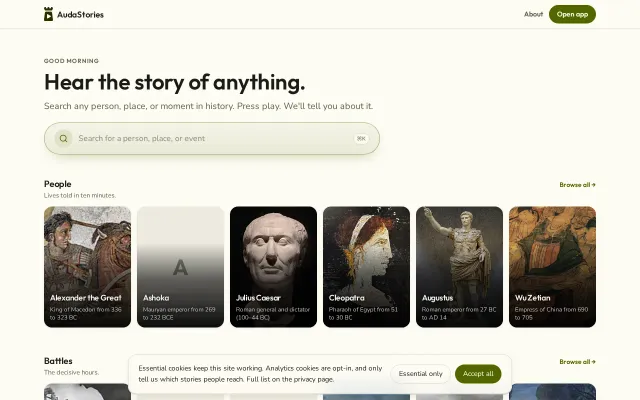 Audio stories on any person, place or event – on demand