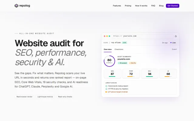Repolog, website audit for SEO, performance, security, and AI readiness