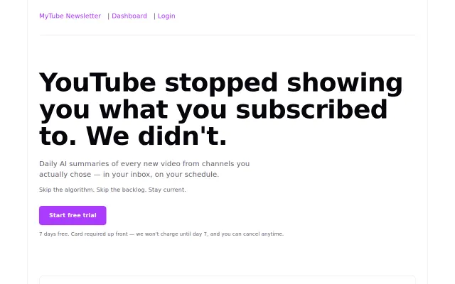 My tiny project MyTube Newsletter – daily AI digest of YouTube subs
