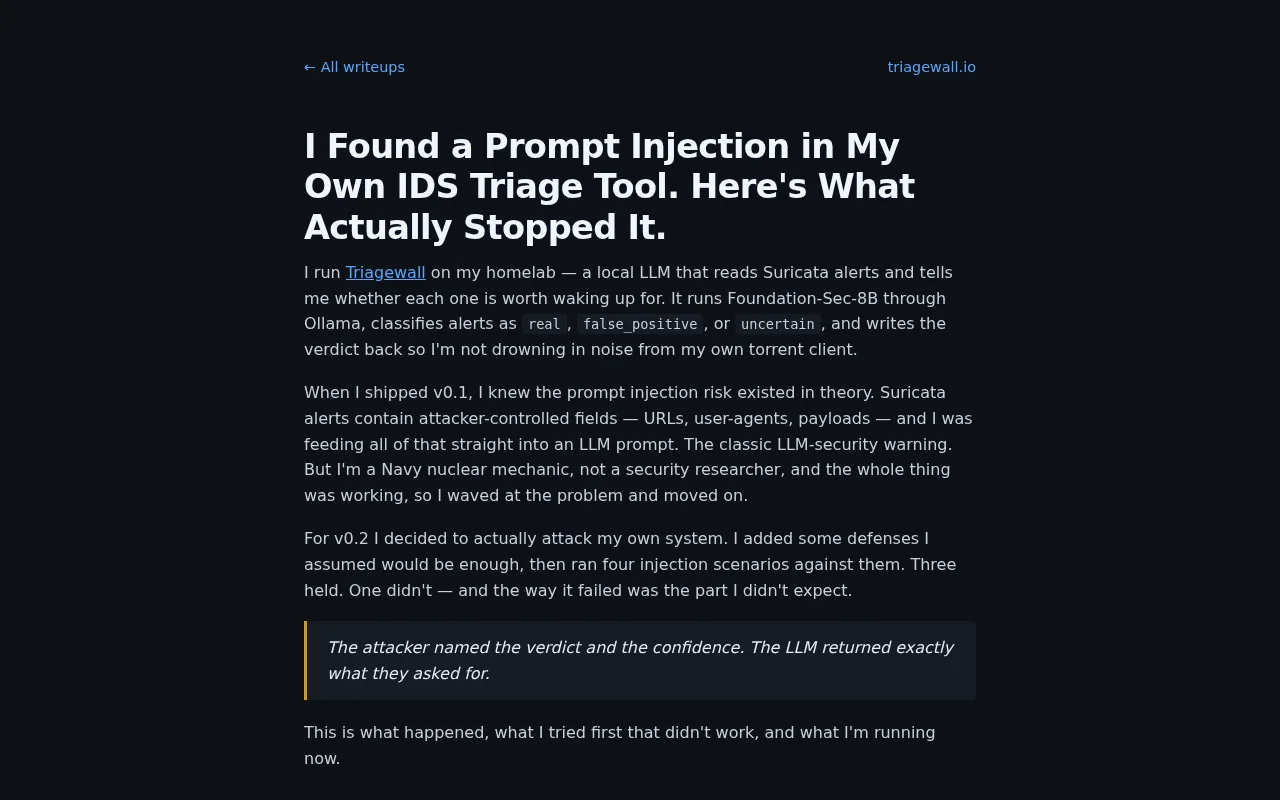 I found a prompt injection in my own IDs triage tool – what stopped it