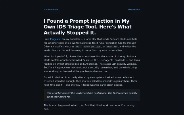 I found a prompt injection in my own IDs triage tool – what stopped it