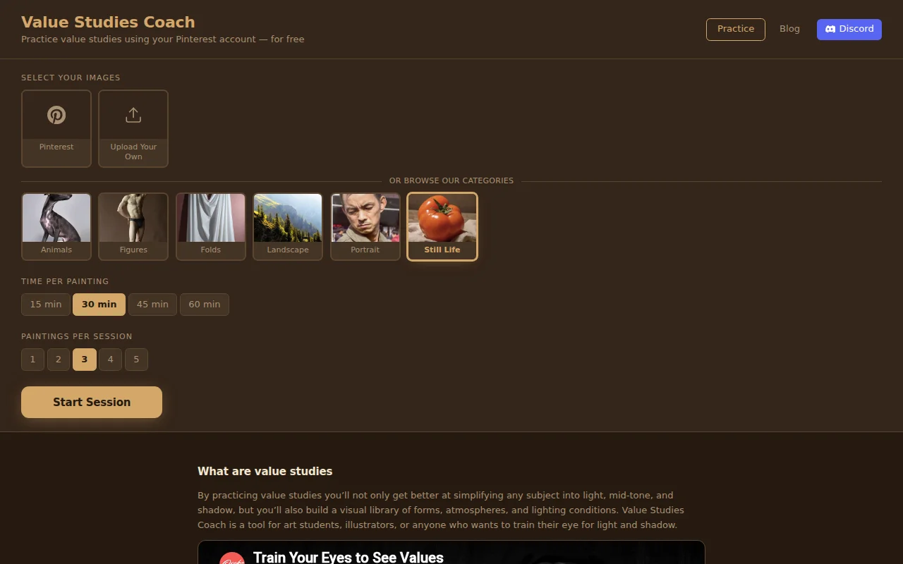 A "gym" for art value studies using images from your Pinterest boards