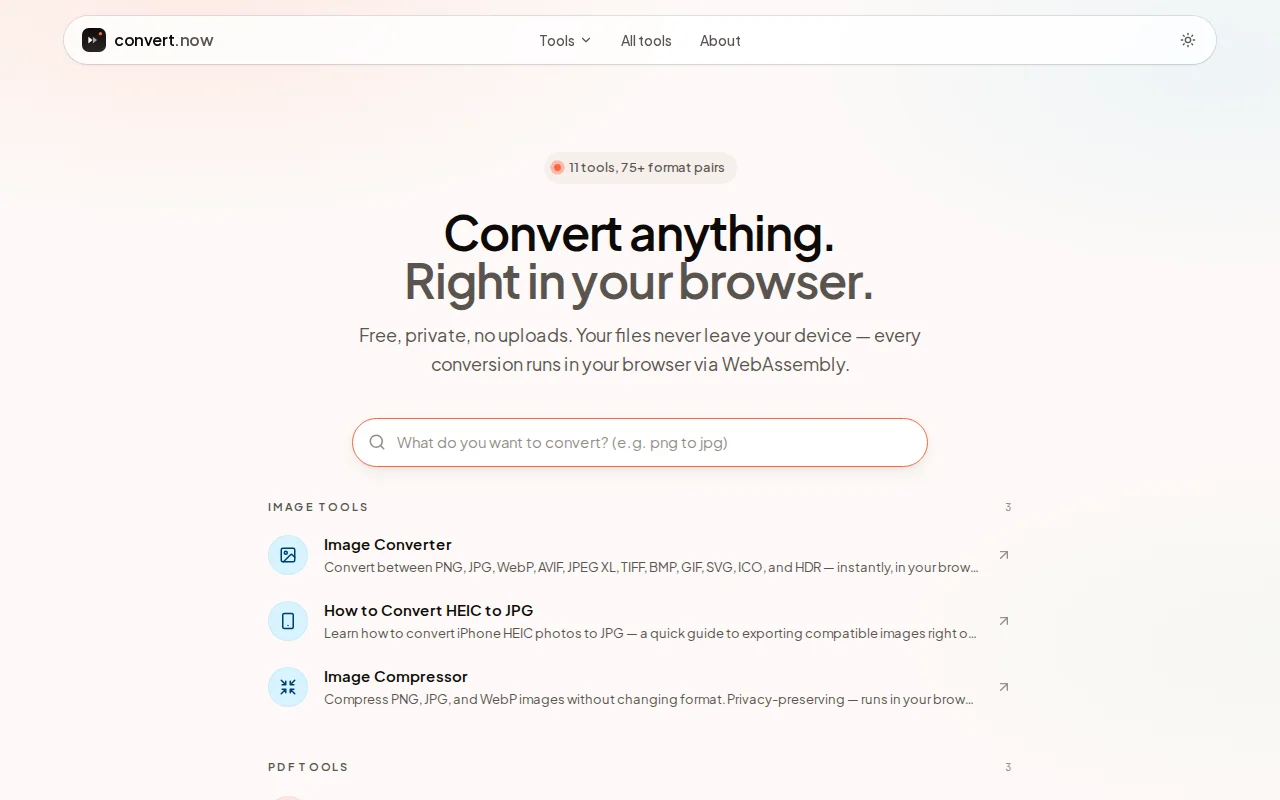 Convert.now – File conversion that never uploads your files (all WASM)