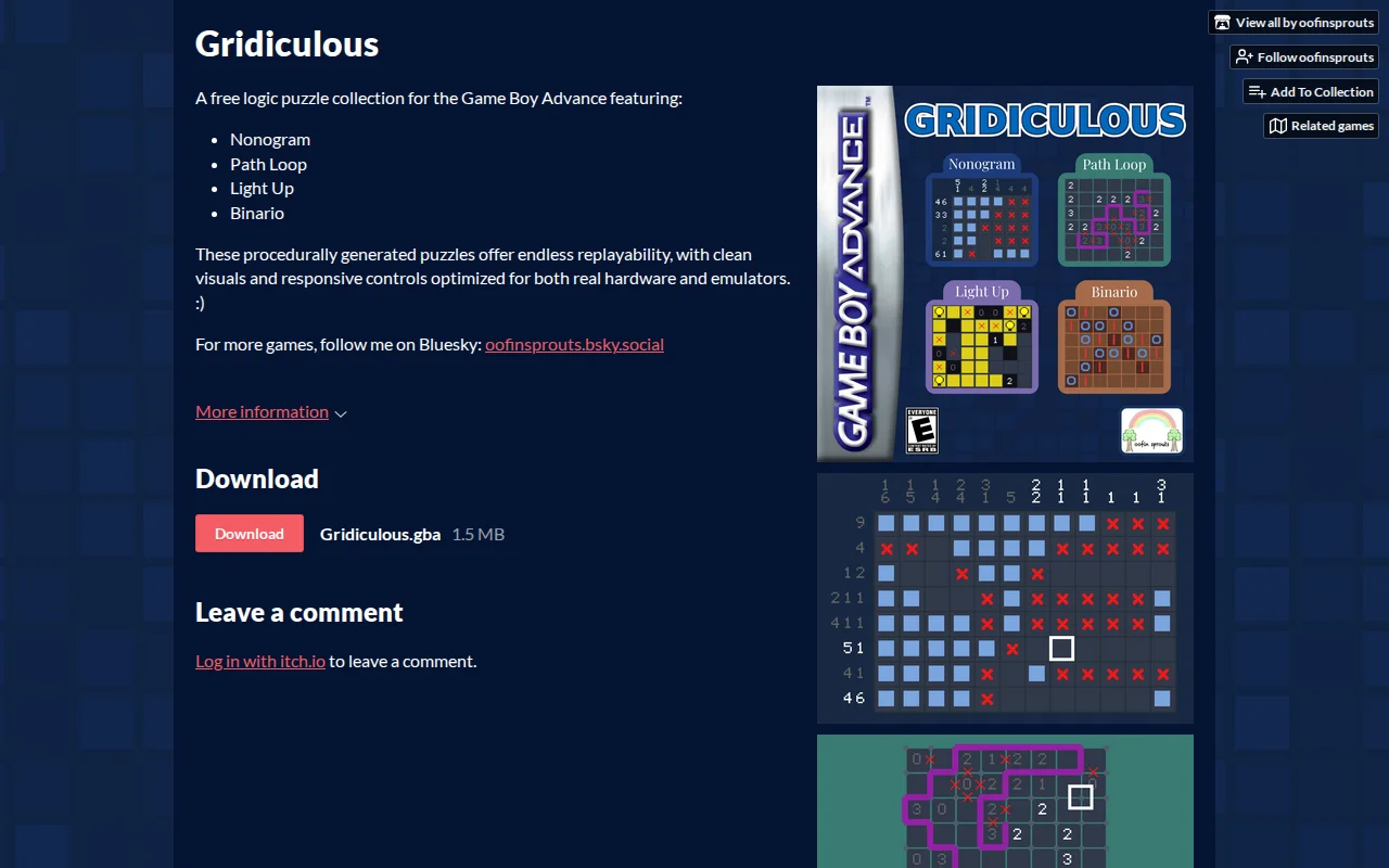 Gridiculous, my homebrew Game Boy Advance logic puzzle collection