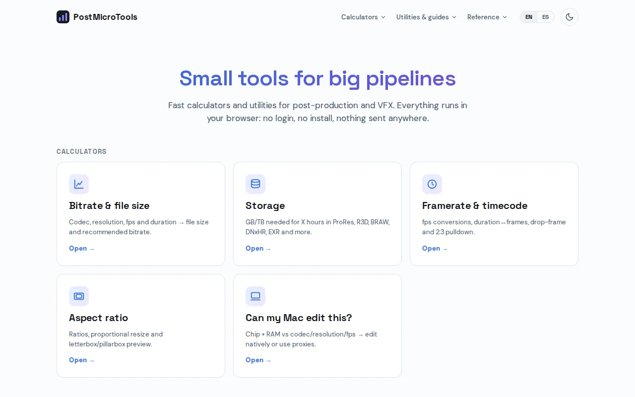 Free in-browser post-production calculators, no signup