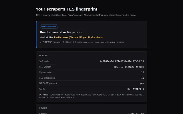 See the JA3 TLS fingerprint your scraper sends to Cloudflare
