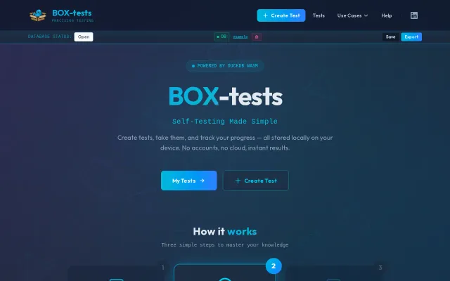 Box-tests a self-testing app that runs in browser (DuckDB WASM)