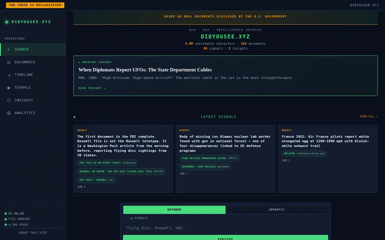 A searchable archive of declassified UAP/UFO files, news, and analysis