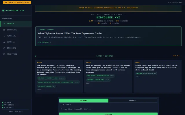 A searchable archive of declassified UAP/UFO files, news, and analysis