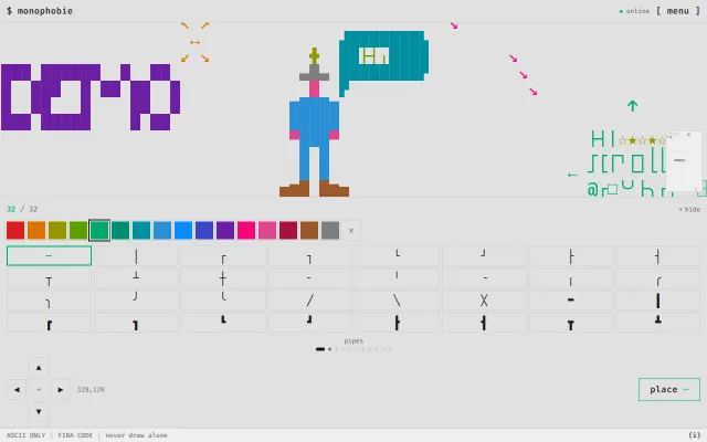 Monophobie, a shared ASCII canvas, never draw alone