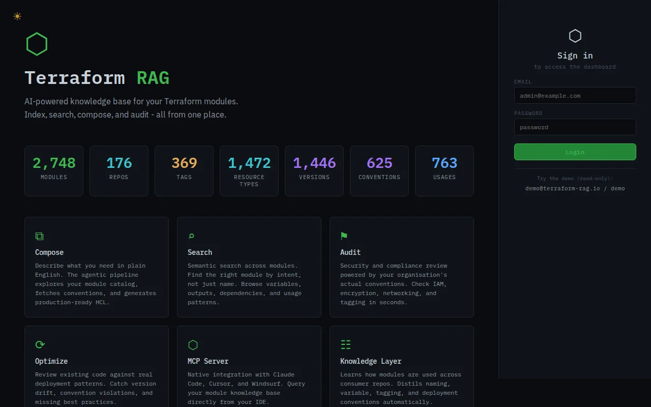 Terraform RAG - index modules, distill conventions, compose via MCP