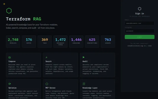 Terraform RAG - index modules, distill conventions, compose via MCP