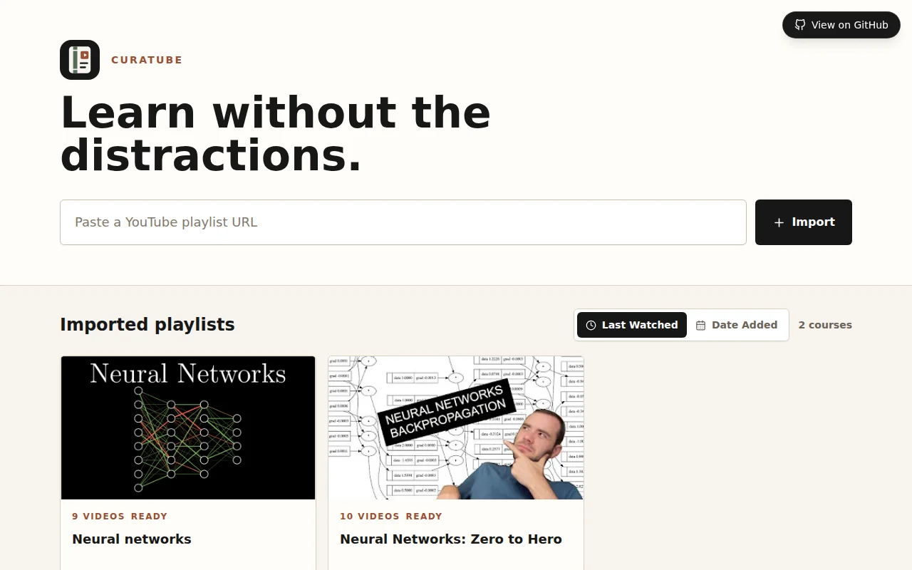 Curatube: a distraction free interface for YT playlists