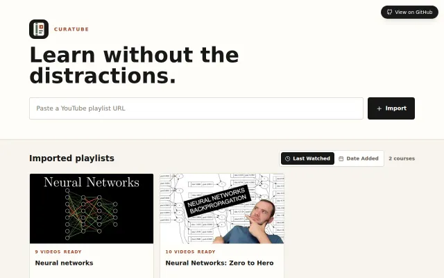 Curatube: a distraction free interface for YT playlists