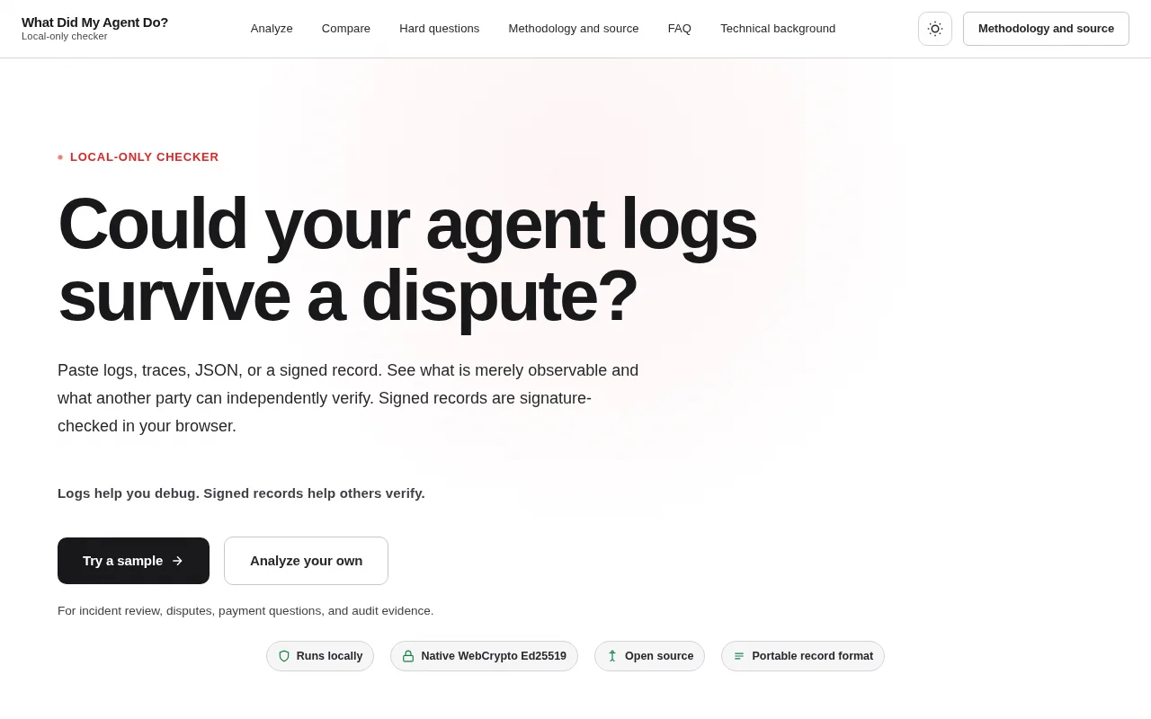 Check whether agent logs are independently verifiable
