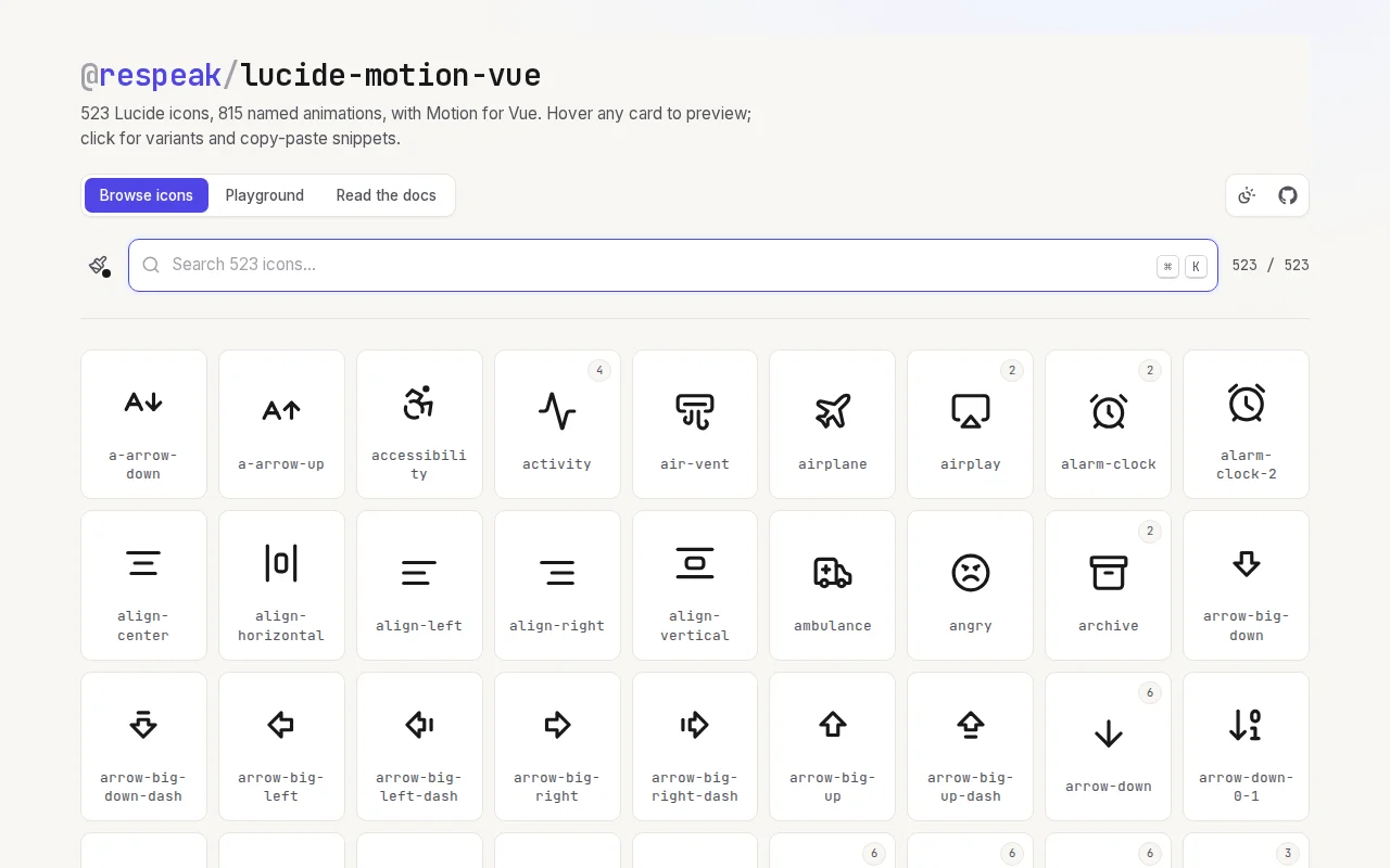 The largest free animated icon library for Vue (523 Lucide icons)