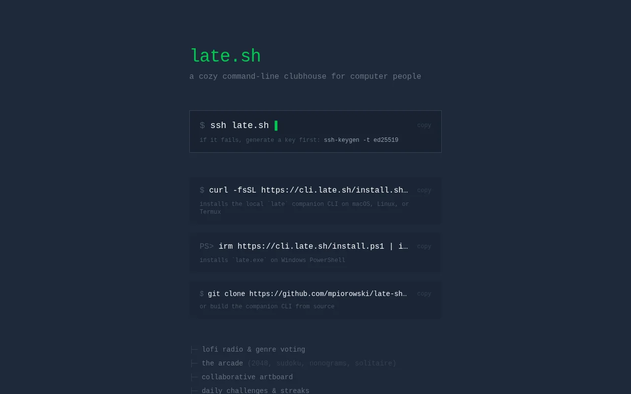 ssh late.sh - a cozy command-line Clubhouse for computer people