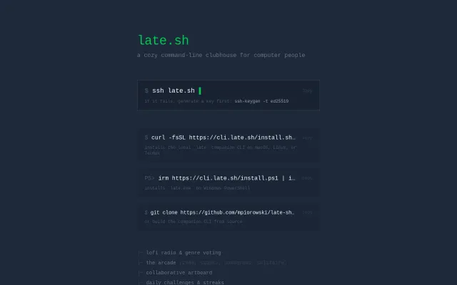 ssh late.sh - a cozy command-line Clubhouse for computer people