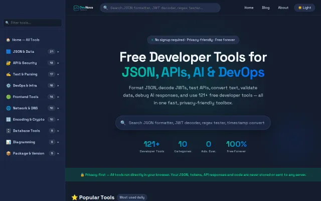 DevNova Tools – 121+ free developer tools that run in the browser
