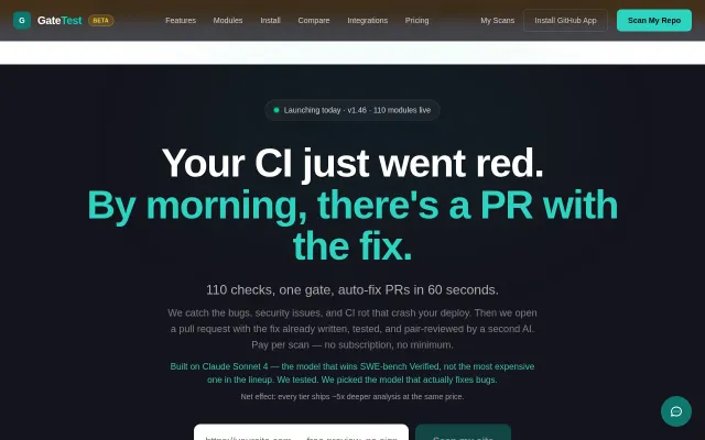 GateTest – 110 QA checks in one scan, auto-fix PR for what it finds