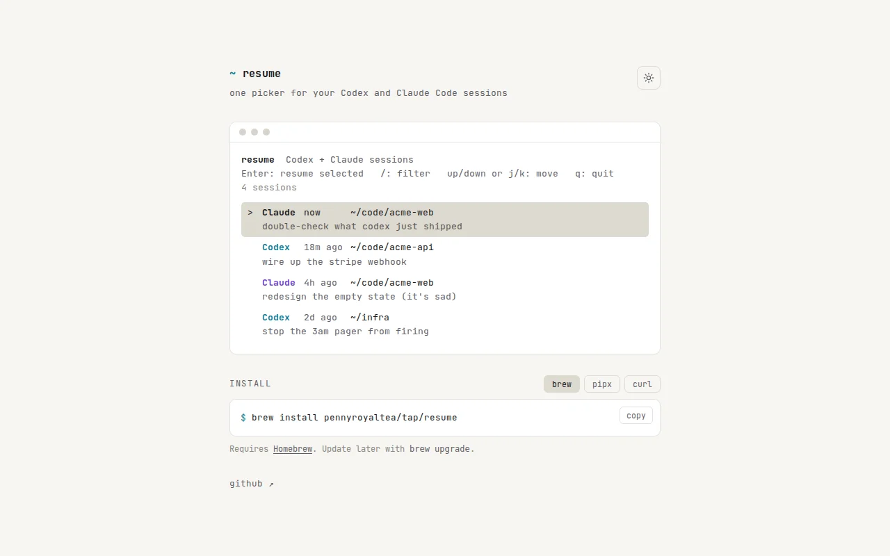 Resume – manage Claude and codex sessions in one CLI