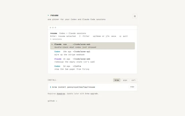 Resume – manage Claude and codex sessions in one CLI