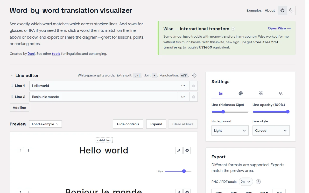 Word-by-word translation aligner tool