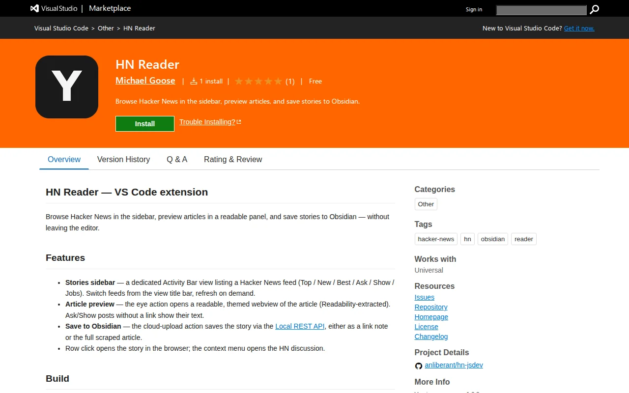 HN Reader for VS Code with Obsidian Saving