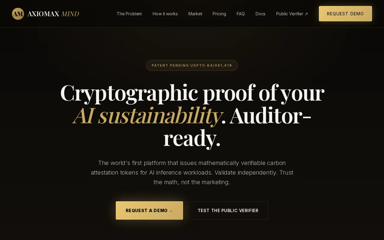 Axiomax – Cryptographic proof of AI inference carbon footprint