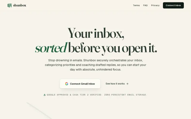 Shunbox, Your inbox sorted before you open it