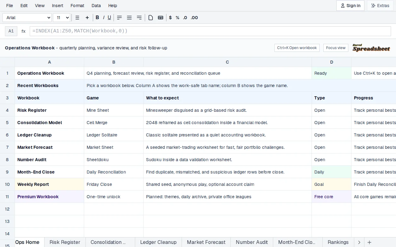 Quick games disguised as boring spreadsheets