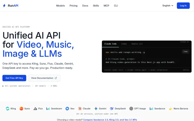 RunAPI – one API for AI video, image, music, audio, and LLMs