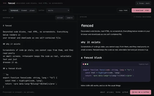 Fenced – Markdown to self-contained HTML with decorated code blocks