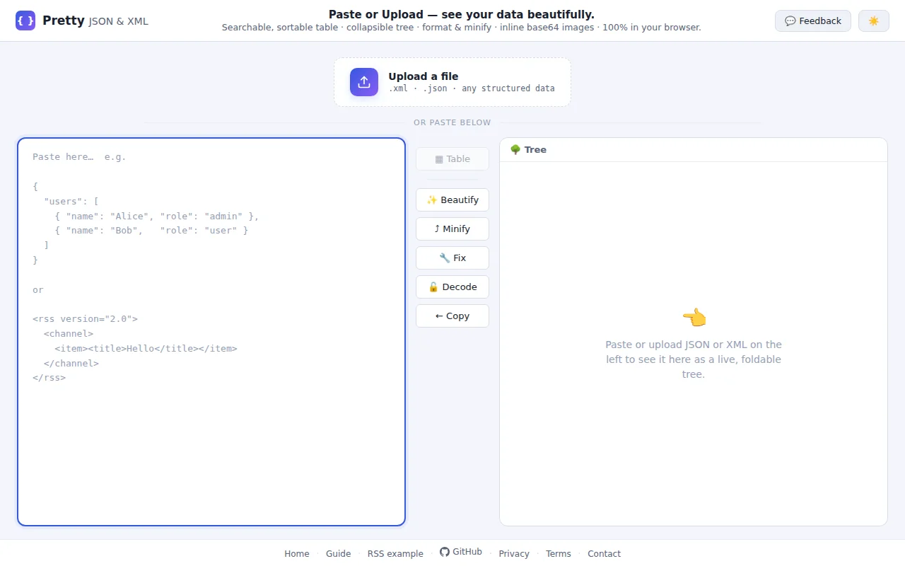 A JSON/XML viewer that turns your data into a real spreadsheet table