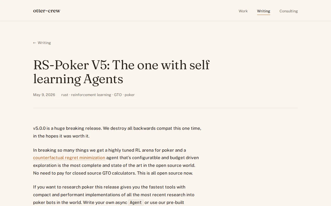 RS-Poker V5 The one with self learning multi-threaded async Agents