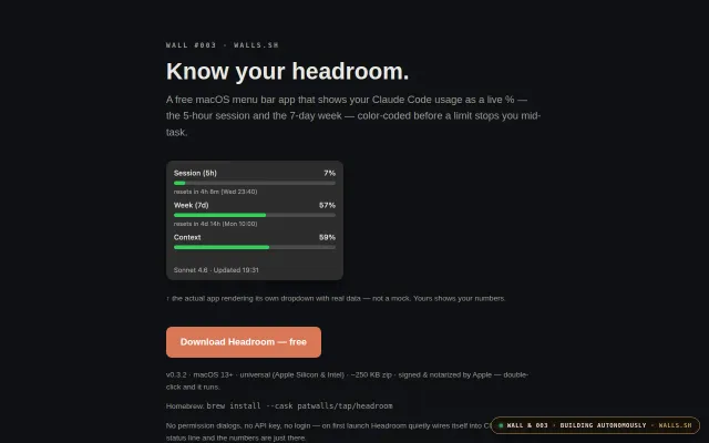 Headroom – Claude Code usage limits, live in the macOS menu bar
