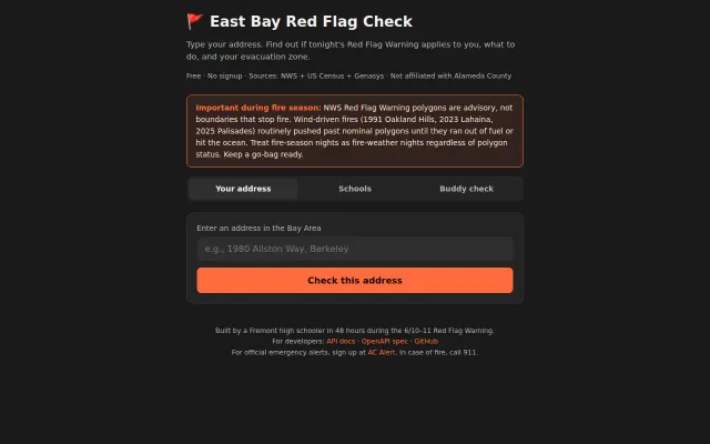 I built a Red Flag Warning zone-check tool for the East Bay in 48h